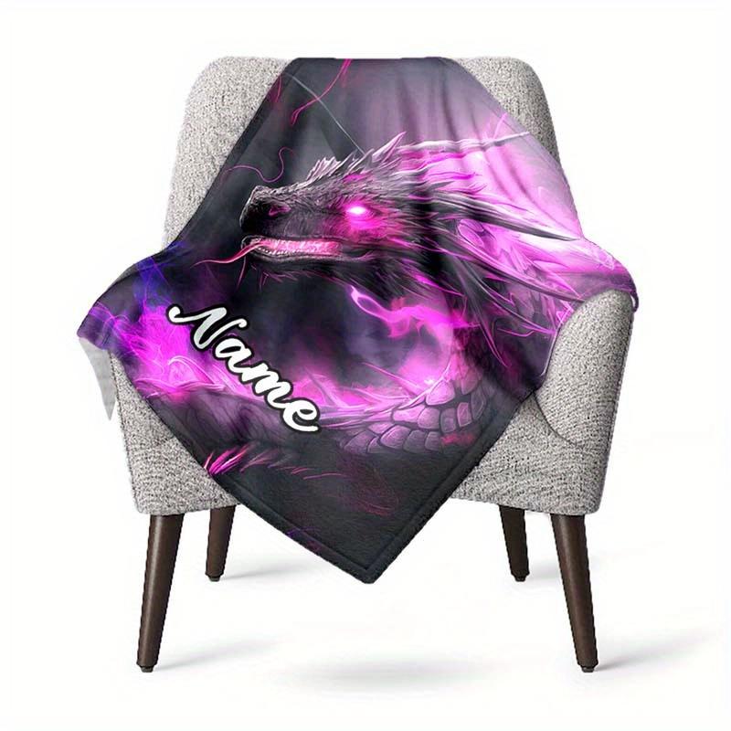 Flame Black Dragon Customized Your Name Blanket Warm Comfortable Soft Blanket For Chair Office Sofa Bed Sofa Office Camping Suitable For Gifting