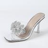 Fashion Liyke Fashion Gold Rhinestone Flowers Square Toe 9CM Transparent Heels Slippers Summer Sandal Clear Shoes For Women Mules Slides