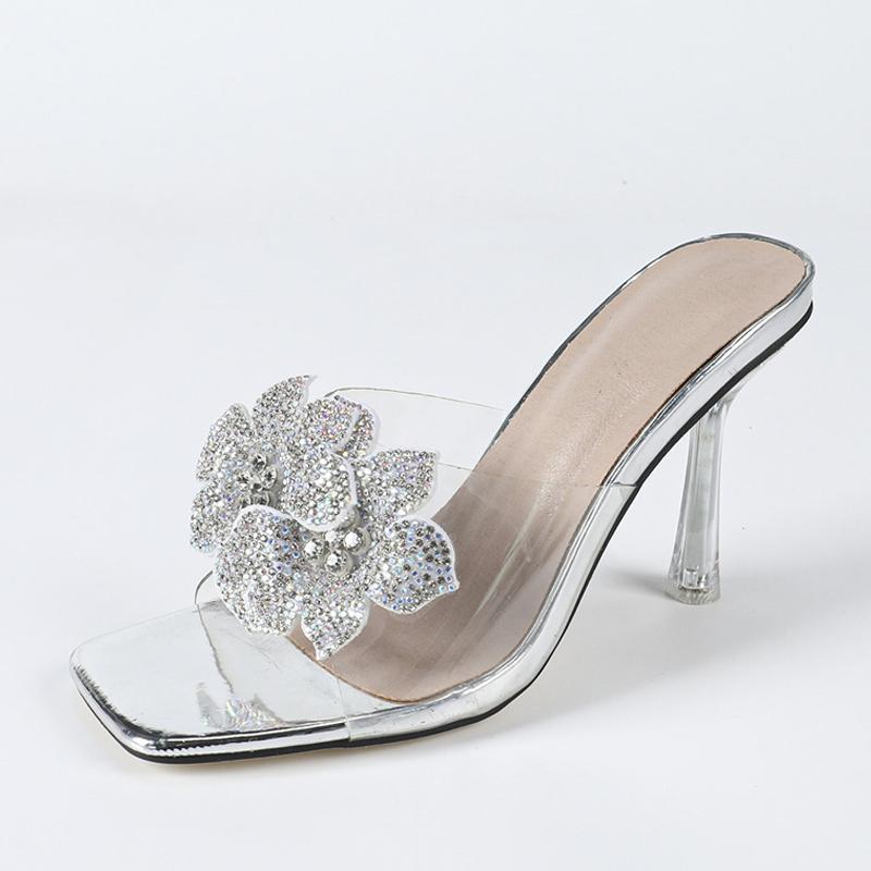 Fashion Liyke Fashion Gold Rhinestone Flowers Square Toe 9CM Transparent Heels Slippers Summer Sandal Clear Shoes For Women Mules Slides