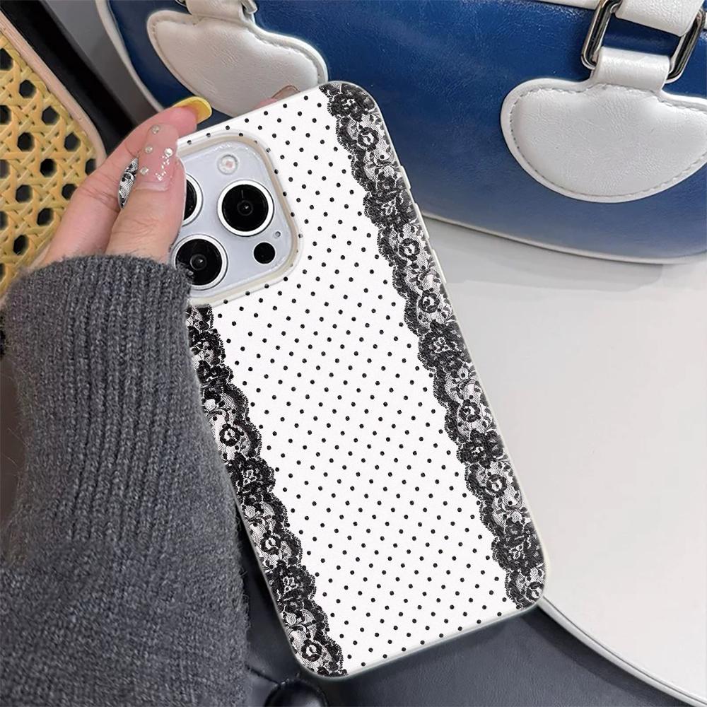 Black Lace Polka Dot Lichee leather pattern Phone Case For iPhone 17 16e 16 15 14 13 12 11 Air Pro Max Plus XR XSMax Shockproof