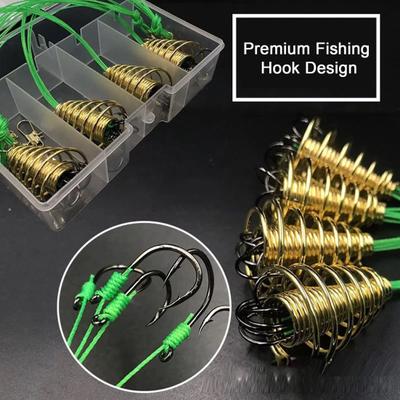 4Pcs/Set Trap Fishing Hook with Spring Carp Feeder Tangle-Free Heavy Duty Green Line Metal Barbed Fish Hook Rig Carp Fishing Accessories
