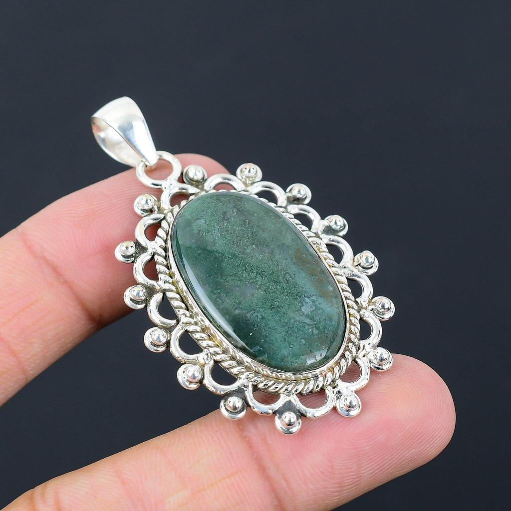 Daughters Day Deal 925 Sterling Silver Oval Solar Moss Agate Stone Wife Pendant