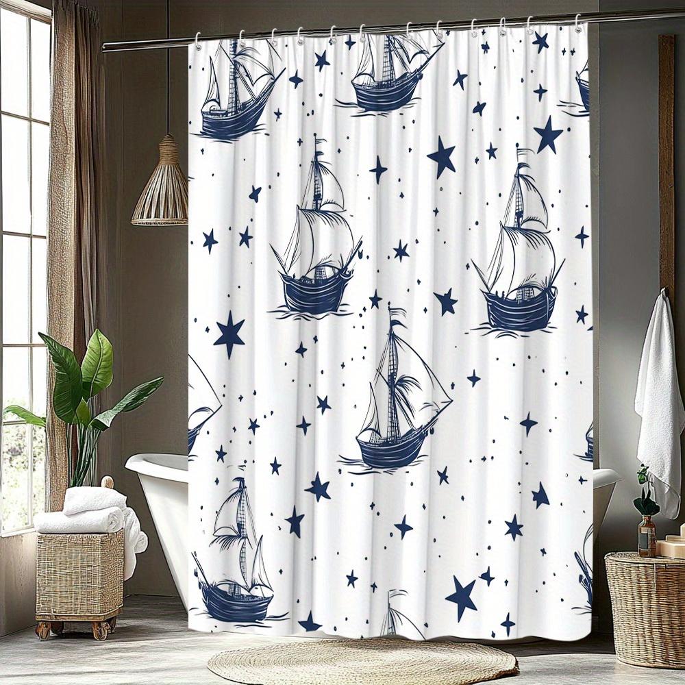 1Pc Nautical Star Pattern Shower Curtain, 70. 8X70. 8 Inches, Polyester Fabric, Bathroom Decor, Includes 12 Hooks