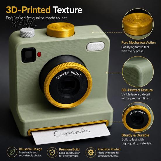 Coffee Decoration Accessories 3D Printed Latte Art Camera, Manual Powder Printer with Beverage Topping Decorator Template Cards, Cocoa Cinnamon