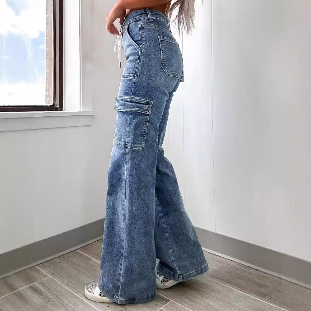 GMXIA Straight Leg Jeans Women's Casual Lace-up Multi-bag Functional Overalls
