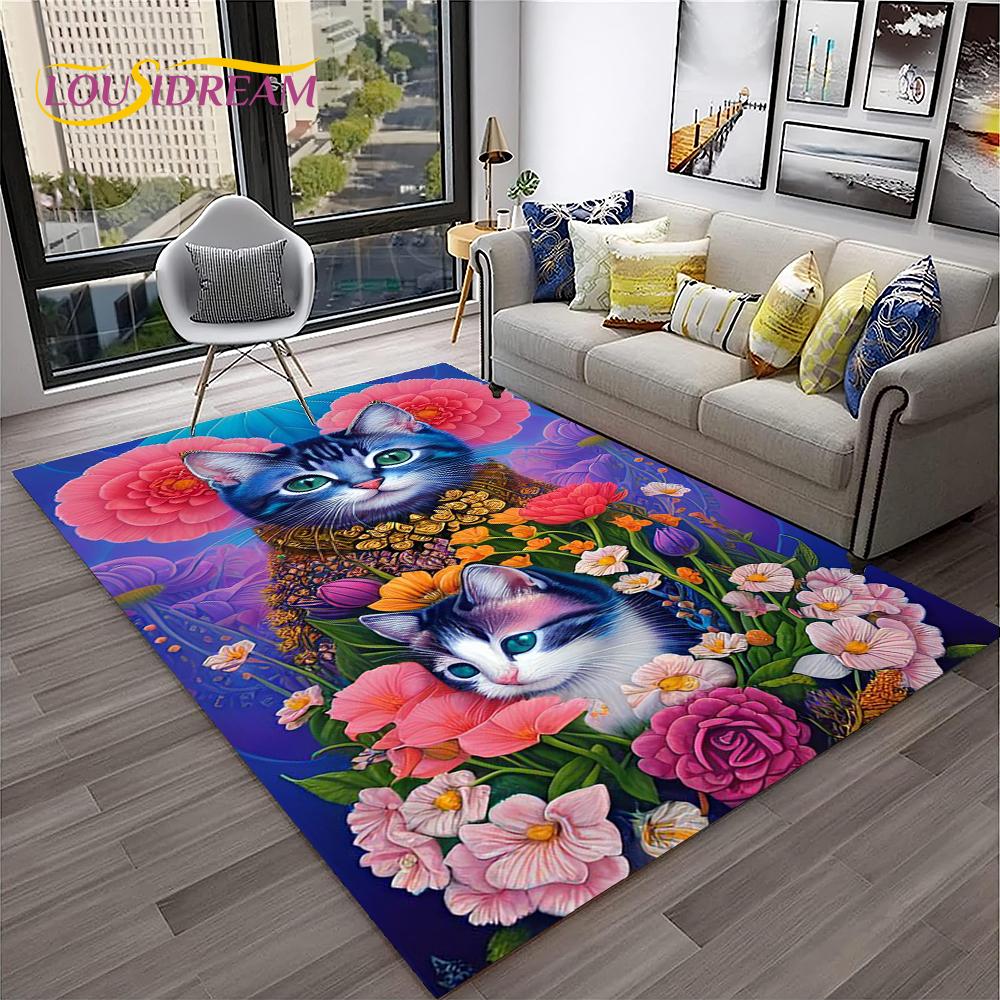 Pastoral Cartoon Niedliche Katze Blume Teppich Teppich für Zuhause Wohnzimmer Schlafzimmer Sofa Fußmatte Dekor, Kinderspielplatz Teppich Rutschfeste Bodenmatte