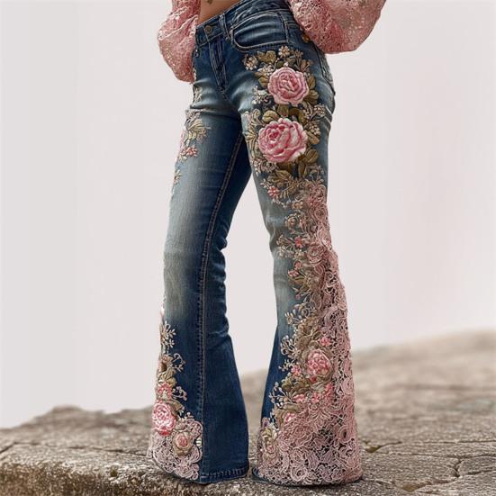 Schlaghosen für Damen 3D Digitaler Blumendruck Stretch Schlaghosen Mittlere Leibhöhe Retro Denim Hosen mit Taschen