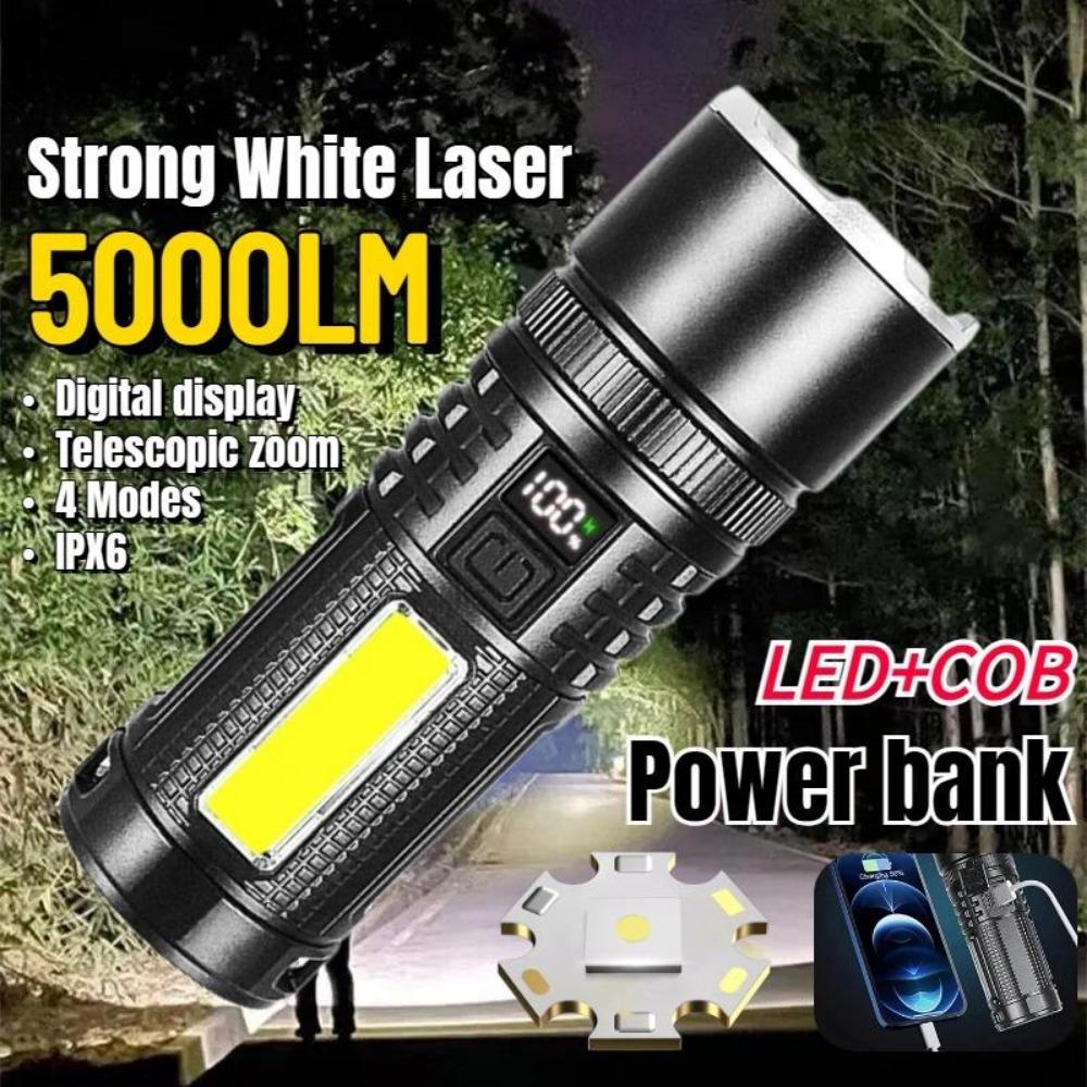 Super Bright White Laser Flashlight Outdoor Camping USB Rechargeable Torch Fire Telescopic Zoom Digital Display Lantern