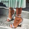 Silver Bling Crystal Sexy Peep Toe Women Sandals Square Heel Buckle Strap Gladiator Stiletto Wedding Rhine Stone Shoes