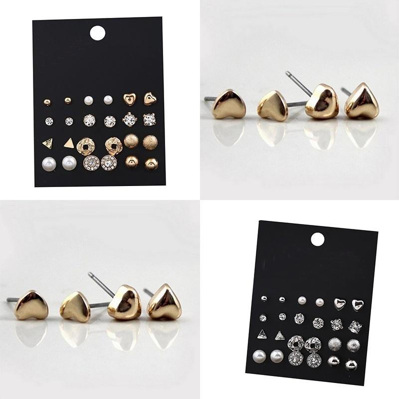 12 Pcs/Set Crystal Alloy Round Ball Gold Color Stud Earrings Vintage Silver Color Simulated Pearl Earring Set For Women