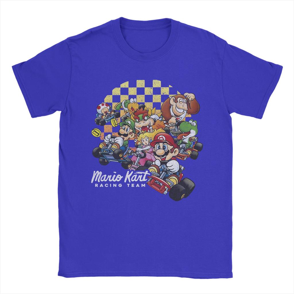 Unisex Marios Kart Group Shot Checkered Poster T Shirts Pure Cotton Clothing Funny Round Collar Tees Plus Size TShirt