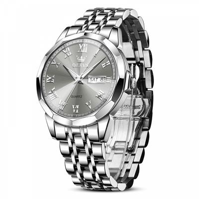 Montre homme, étanche, lumineuse, montre d'affaires, analogique à quartz, élégante, argentée, métal, cadran gris, date, tendance, montre à main pour