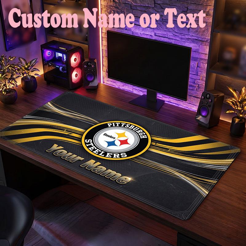 Tapis de souris personnalisé Pittsburgh Steelers avec texte de nom, Grand tapis de souris de bureau Cadeau personnalisé pour bureau à domicile