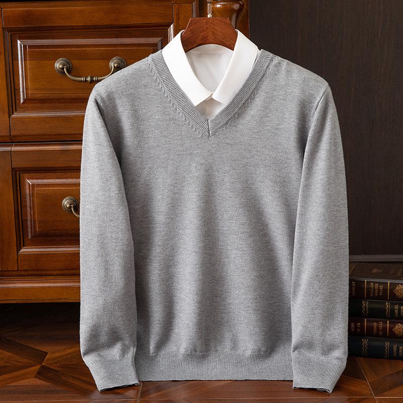 Men's V-neck Knitwear Sweater - Casual, Business, Loose Fit, Solid Color, Long Sleeve