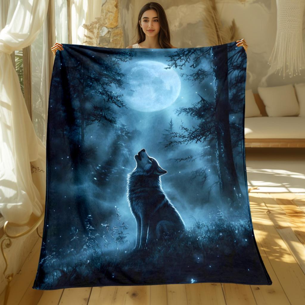 1pc Wolf Howling At Moon Night Forest Fleece Blanket Soft Warm Throw for Bedroom Living Room Decor Wildlife Art Gift