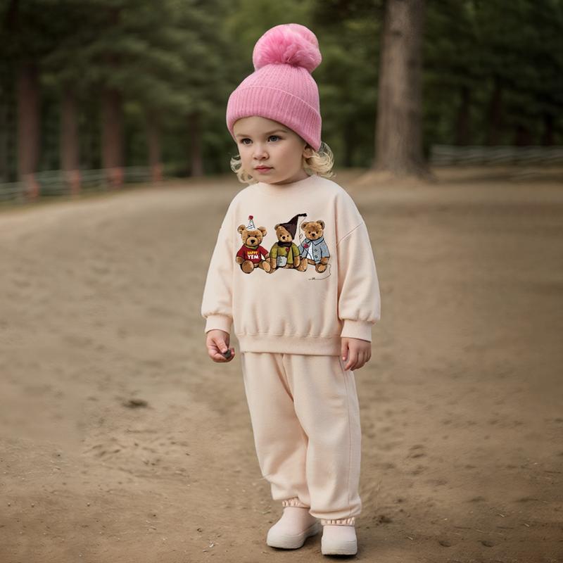 Sıcak Polar Astarlı Bebek Kıyafet Seti Sevimli Yuvarlak Yaka Sweatshirt + Pantolon Çocuk Erkek Kız Kıyafetleri