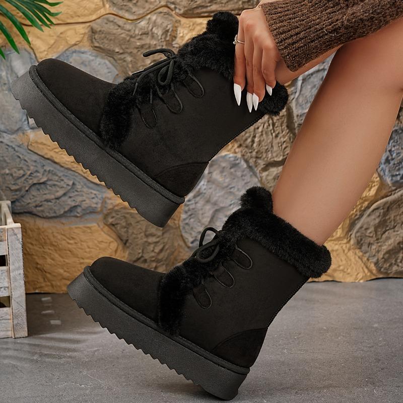 Women'S Mid-Calf Snow Boots with Thick TPR Sole - Brown Faux Fur Lined, Lace-Up Winter Boots for Cold Weather, Round Toe Design, Durable & Comfortable
