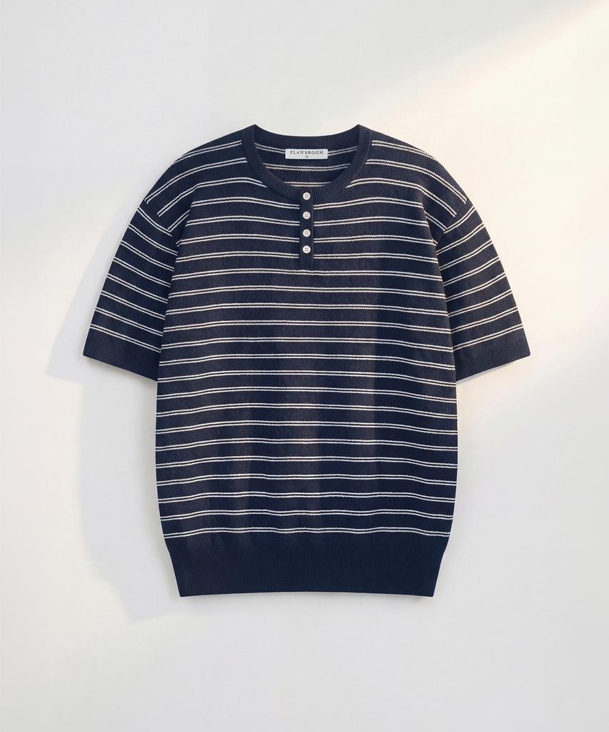 Peullojeulum Stripe Henleyneck Cotton Knit Navy