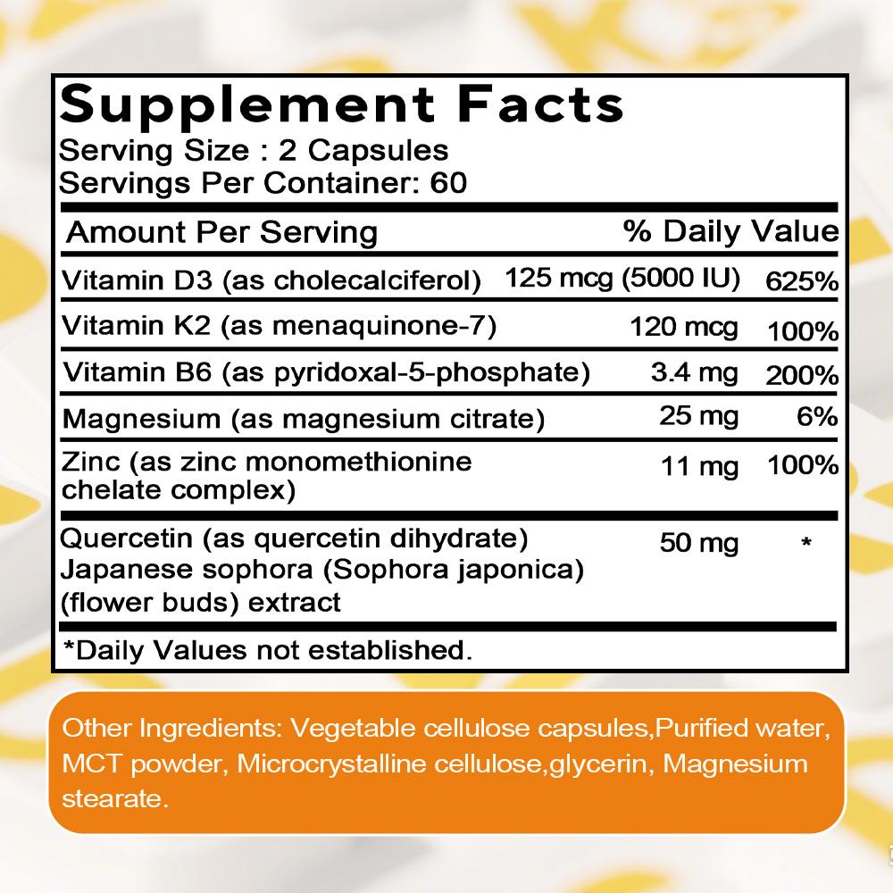 Vitamina D3 e K2 5000 UI Suporte à saúde muscular Vegetariano Alta intensidade 120 cápsulas moles