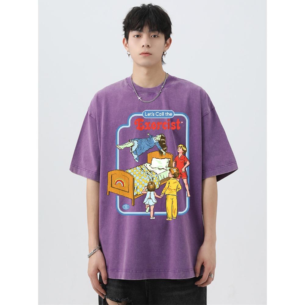 Let'S Call The Exorcist Washed Retro Mens T-Shirts Loose T-Shirts Cotton Breathable T-Shirt Oversized Tops