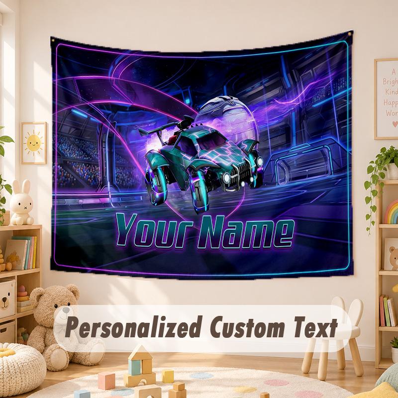 Tapisserie avec texte de nom personnalisé, Suspension murale Boho Rocket League, Tapisserie décorative d'arrière-plan pour chambre