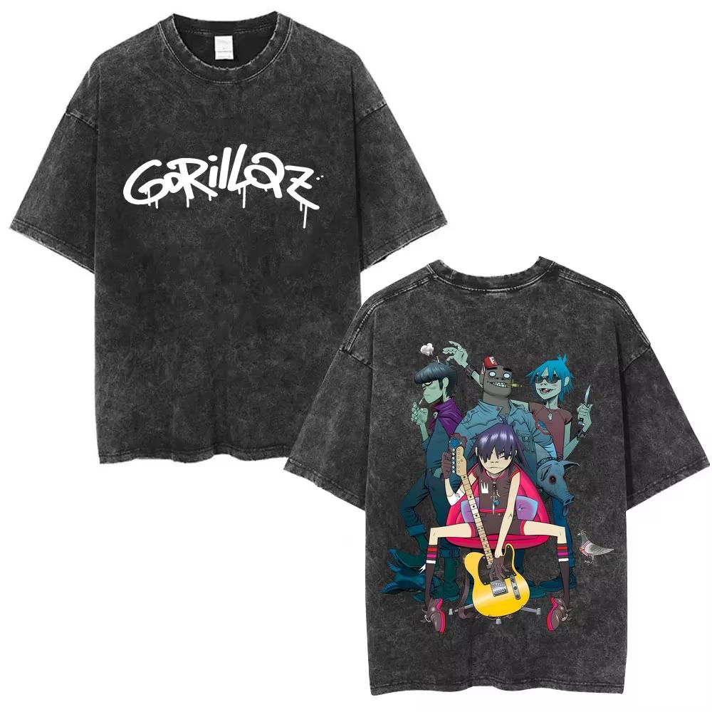 Washed Vintage Rock Band Gorillaz Cotton T Shirt Album Graphic Tshirt Mens Women Clothing Hip Hop Fashion Oversized Tshirts