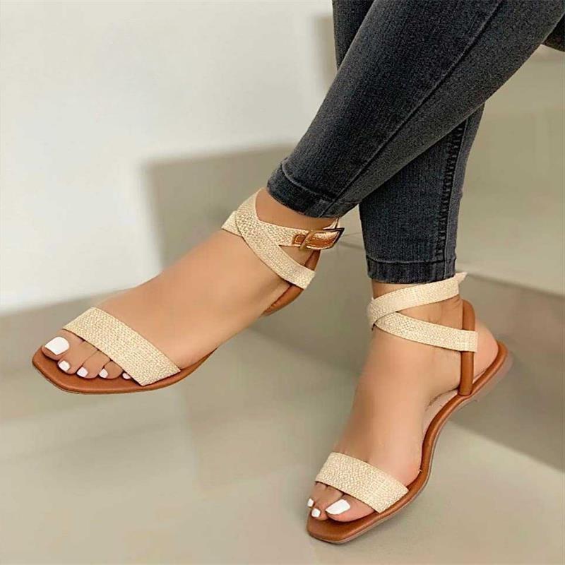 Summer New Fashion Ankle Wrap Outdoor Beach Comfortable Peep Toe Solid Color Sandals Women Shoes