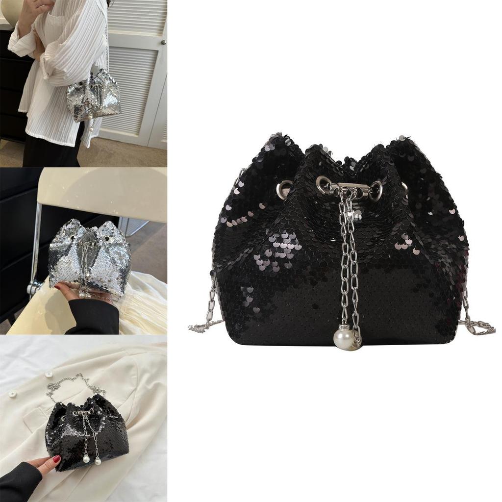Black And Silver Sequin Bucket Bag For Women Chic Single Shoulder Bag Casual Street Style Chain Bag