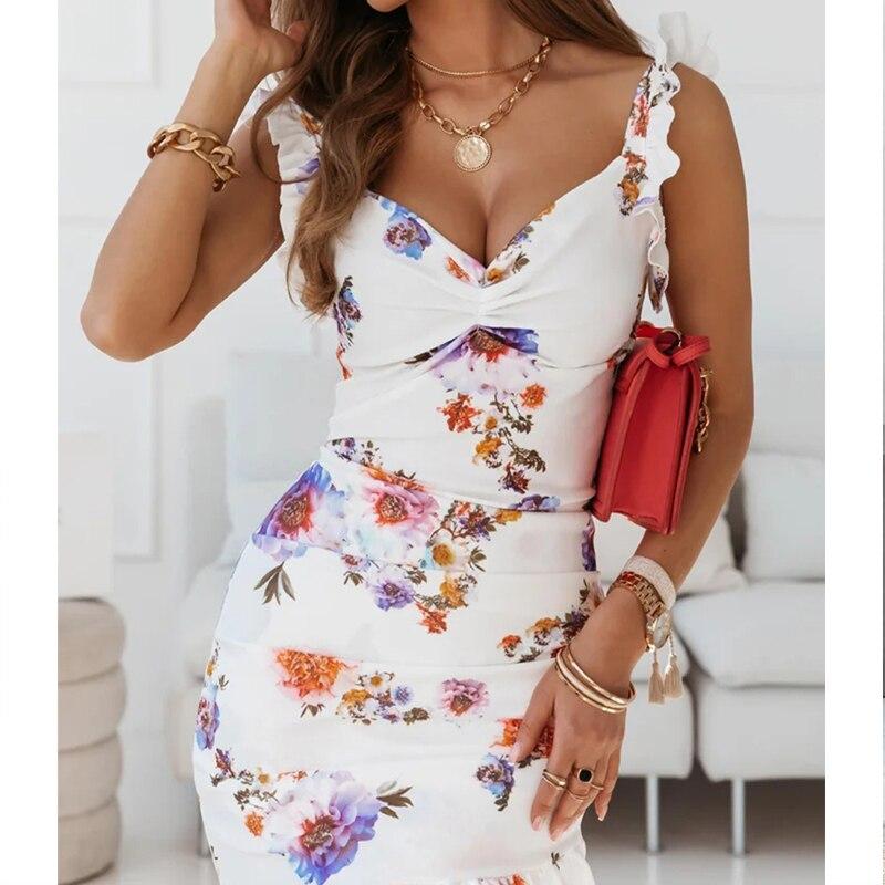Letní volánkové společenské šaty Módní čtvercový límec Květinové šaty bez rukávů s výstřihem do V Mini šaty pro ženy Vestidos Elegant 21391