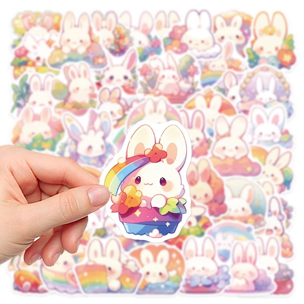 Cute Rainbow Bunny Stickers 50 Pack Pms125 Color Adhesive Decorations For Luggage Journals Phone Cases And More