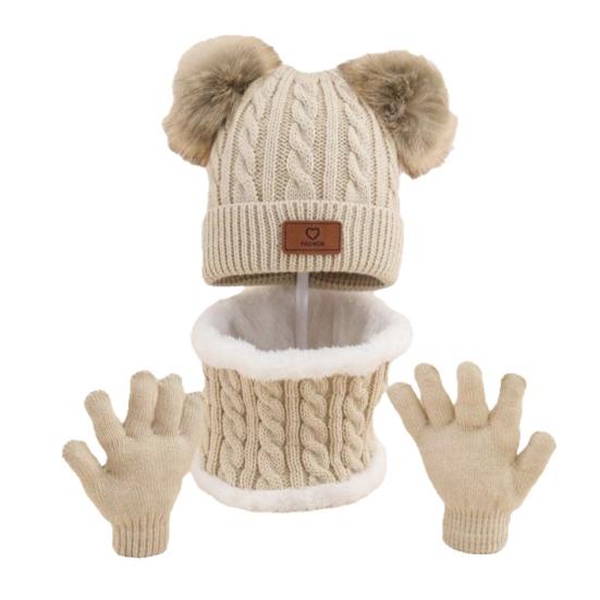 3Pcs/Set Kids Winter Hat Scarf Gloves Set Two Plush Ball Decor Twist Texture Brimless Hat Knitting Gloves Fleece Lining Neck Gaiter Set