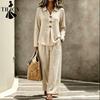 Women's Fashion Casual Spring Autumn Solid Color Print Long Sleeve POLO Neck Trousers Pants Suits