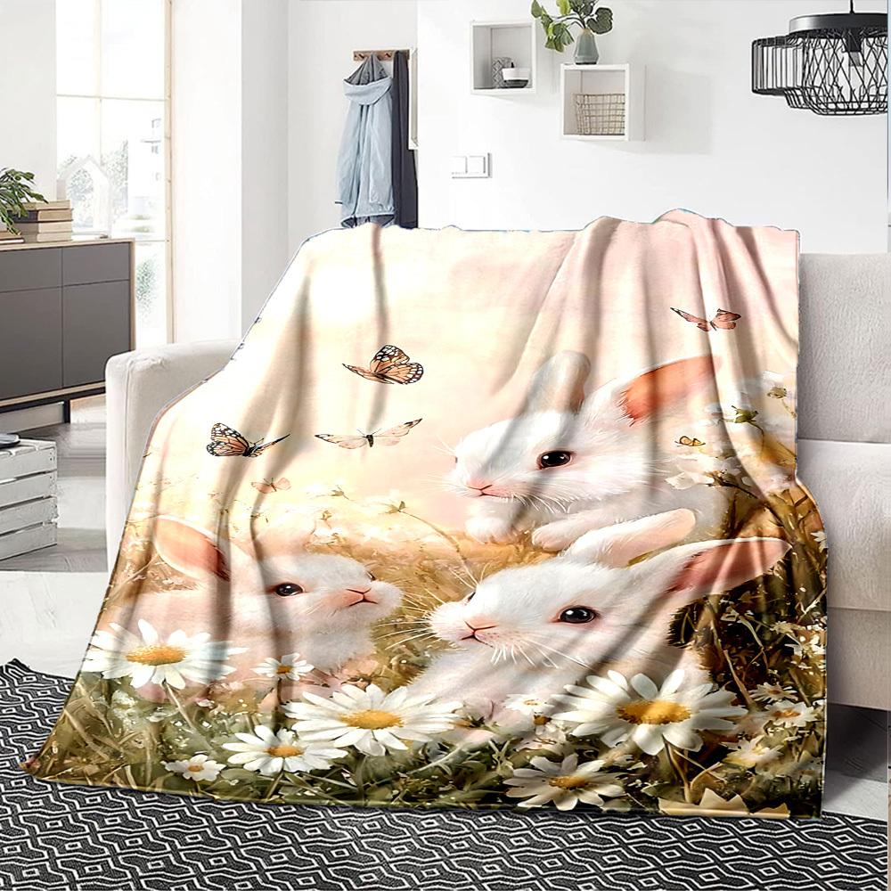 1pc Rabbit Flowers Blanket Lightweight Flannel Throw for Sofa Bed Travel Camping Livingroom Office Couch Chair