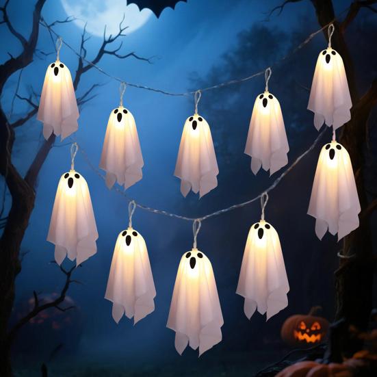 10 Stück Halloween Hängende Leuchtende Geisterdekoration Gruseliger Weißer Stoffgeist mit Lichterkette für Veranda Hof Rasen Gartendekor