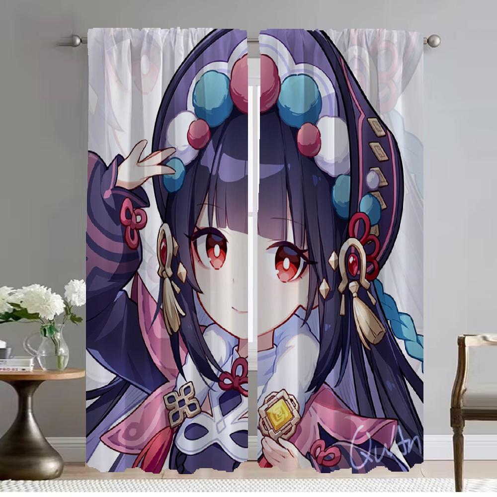 Genshin Impact Kitchen Curtains for Living Room Halloween Decoration Partition Tulle for Bedroom Anti-mosquito Curtains 2 Pieces