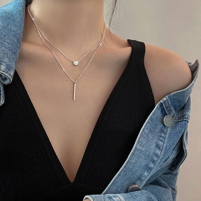 925 Sterling Silber Halskette Doppelschichtkette Funkelnder Zirkon Lange Anhänger Halskette für Frauen Edles Schmuckzubehör