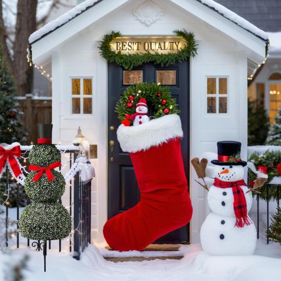 Christmas Snowman Topiary Artificial Snowman Shaped Topiary Tree Pot with Red Bow Santa Hat for Indoor Outdoor Home Porch Yard Holiday Decor