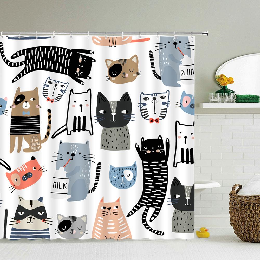 Cat Cartoon Animal Print Shower Curtain Bathroom Bathtub Shower Cover Shower Curtain With 12 Hooks Shower Curtain
