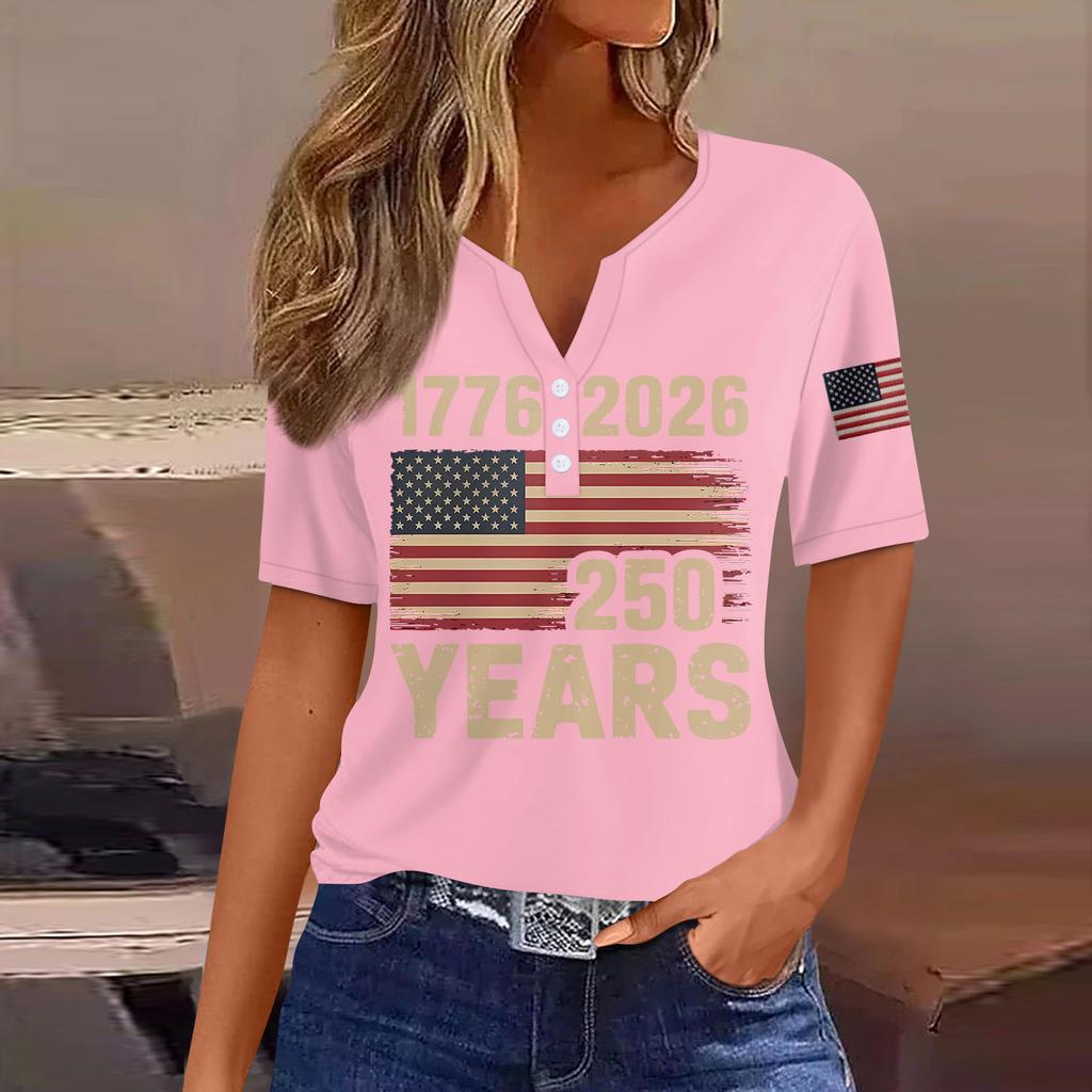 Short Sleeve Button Neck Top with Printed Flag and 250 Years Anniversary Design for Women Casual Wear