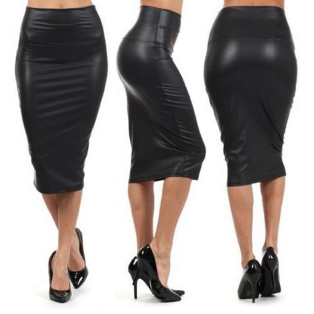 Modisch Sexy Ol Damenkleid Imitiert Leder Hohe Taille Knielang Damen Bleistiftrock EMA