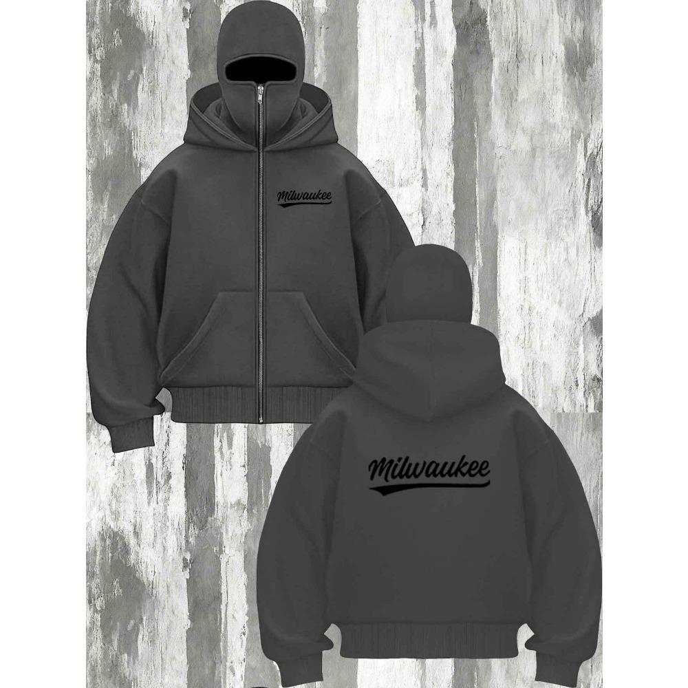 Letter Printed Hooded Zipper Sweatshirt | Neutral, Fashionable, Casual, Sports Warm Jacket with Pockets, Loose Fit