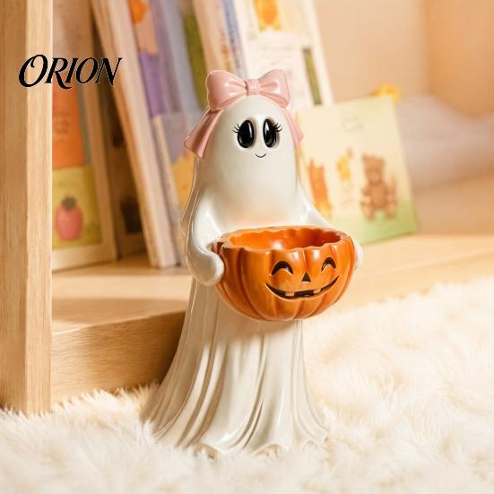 Easy to Clean Home Ornaments Resin Ghost Statue with Pumpkin Candy Bowl for Halloween Table Decor, Cute Desktop Organizer Living Room Bedroom