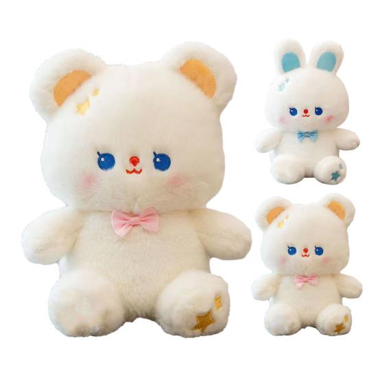 Cartoon Plush Toy Cute Bunny/Bear Doll Plushies Wear Mini Bow Soft Fluffy Stuffed Animal Pillow Ornament Kids Companion Doll Toy Birthday Gift