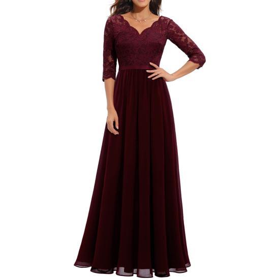 Women V-neck 3/4 Sleeve Gown Dress Crochet Lace Mesh Stitching High Waist A-Line Maxi Dress Backless Solid Color Long Dress