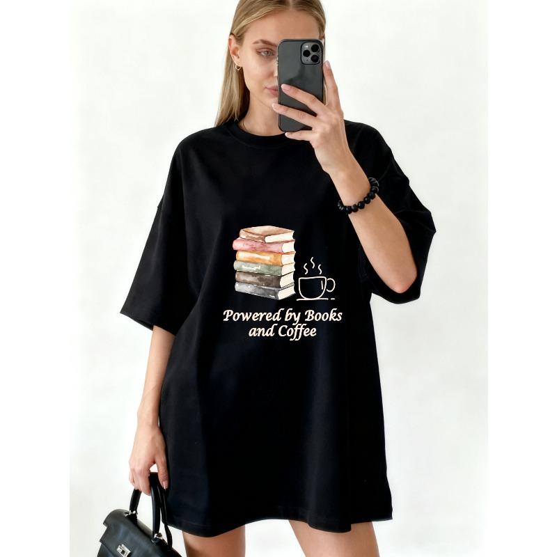 Oversized T Shirt Black Books And Coffee Print For Reading And Coffee Lovers Casual Wear