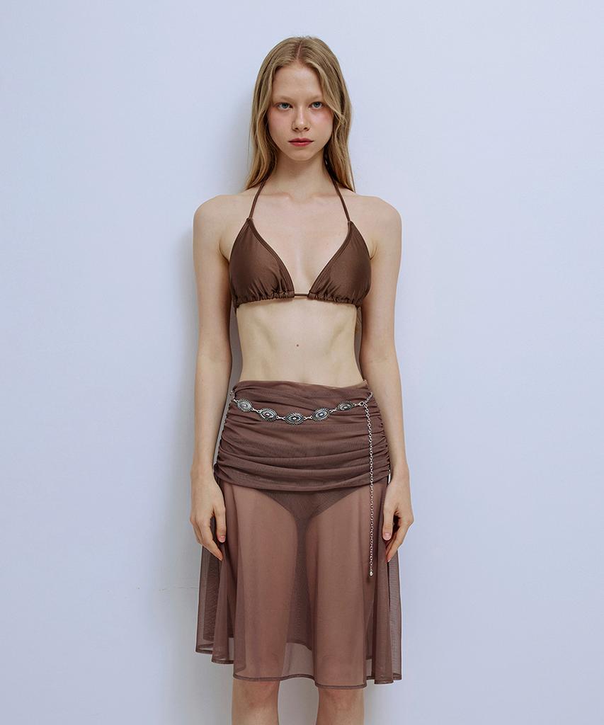 Pisis Solid Mesh Shirred Skirt_Brown