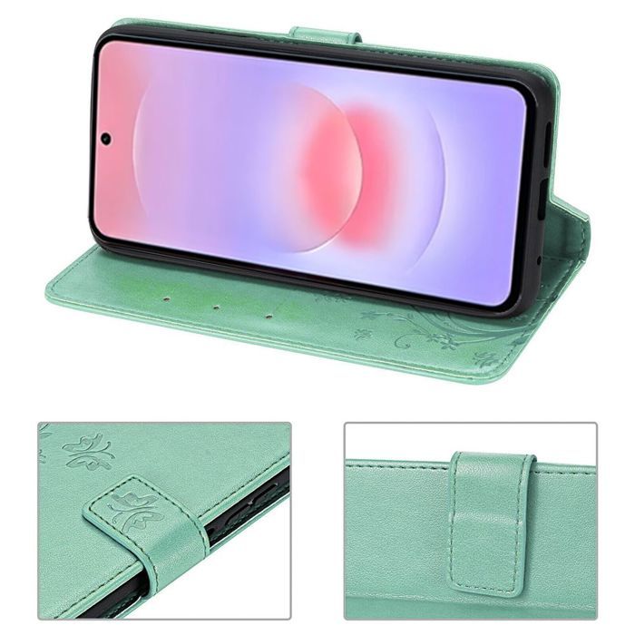 Synthetic Leather Case - BOOLING - for Samsung Galaxy A37 5G - Green Floral Pattern Protection - 2 Screens