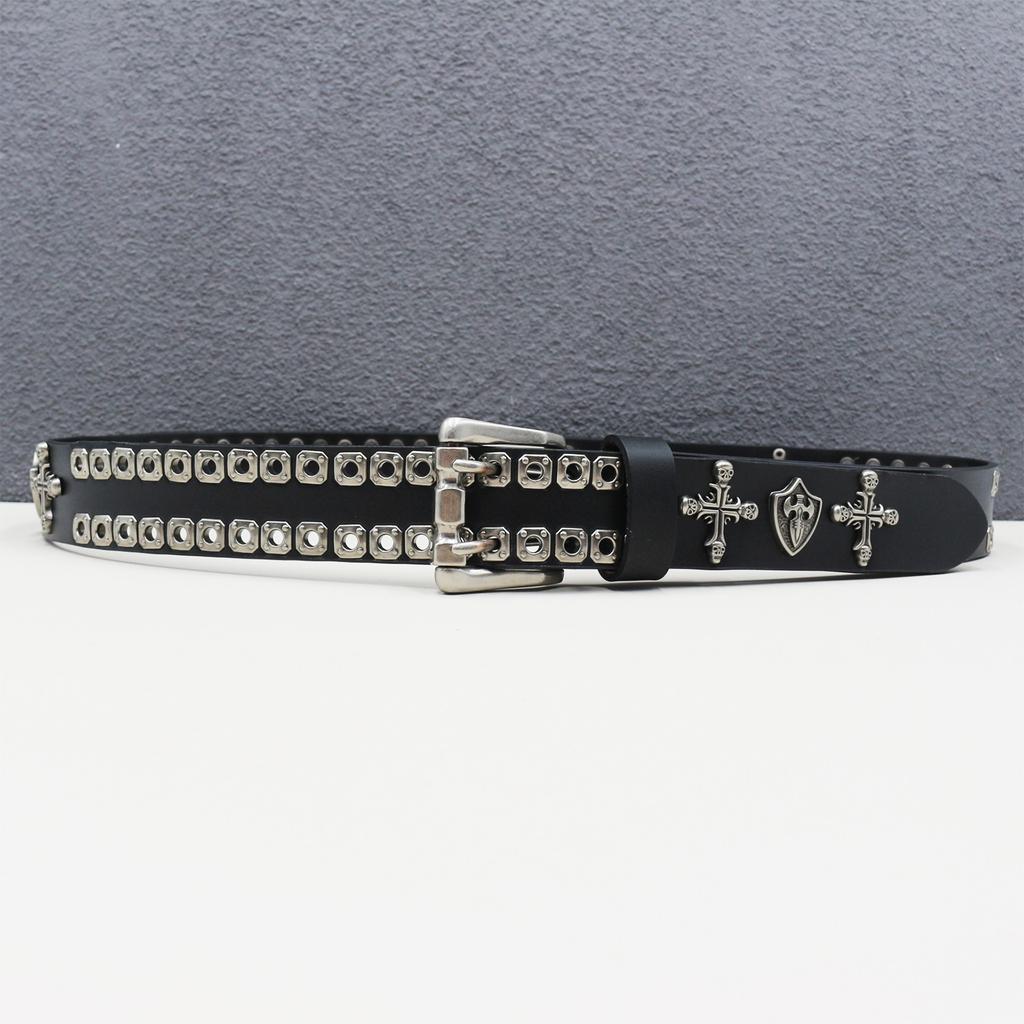 New Genuine Leather Cross Skull Shield Rivet Cowhide Belt Hollow Corn Rivet Belt