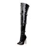 Lucyever Damen Sexy Overknee-Stiefel mit überkreuzten Schnürsenkeln, spitze Zehenpartie, dünne High Heels, Overknee-Stiefel, Lacklederschuhe, Damen, Größe 33–46