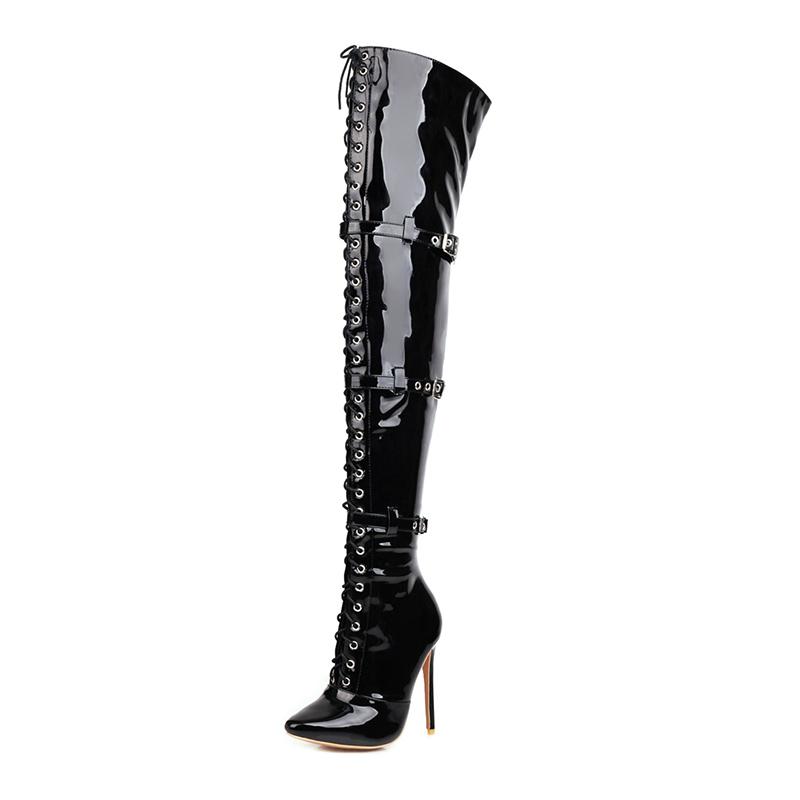 Lucyever Damen Sexy Overknee-Stiefel mit überkreuzten Schnürsenkeln, spitze Zehenpartie, dünne High Heels, Overknee-Stiefel, Lacklederschuhe, Damen, Größe 33–46